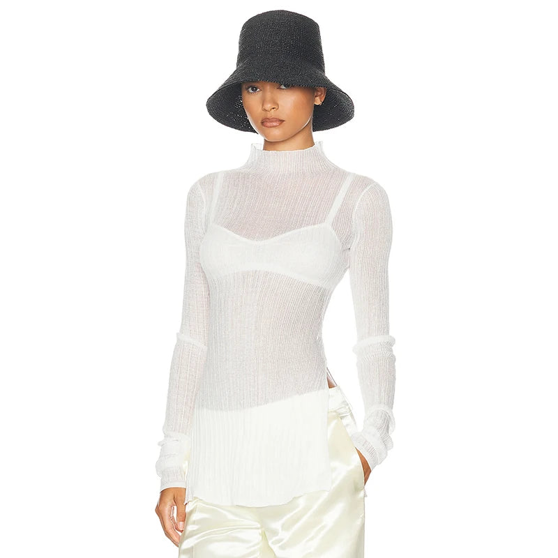 See Through Neck Pullover T-Shirt Long Sleeve Split Ribb Knit Top Side Slit