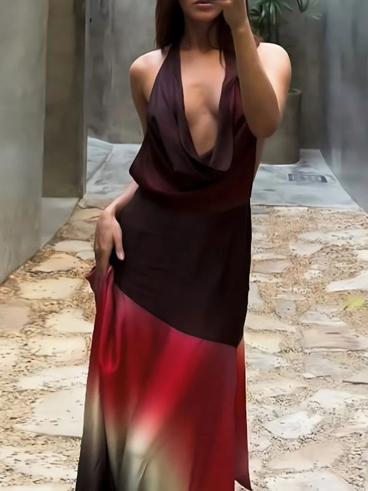 Contrat Patchwork Maxi Dress Halter Deep V-neck Backless Long