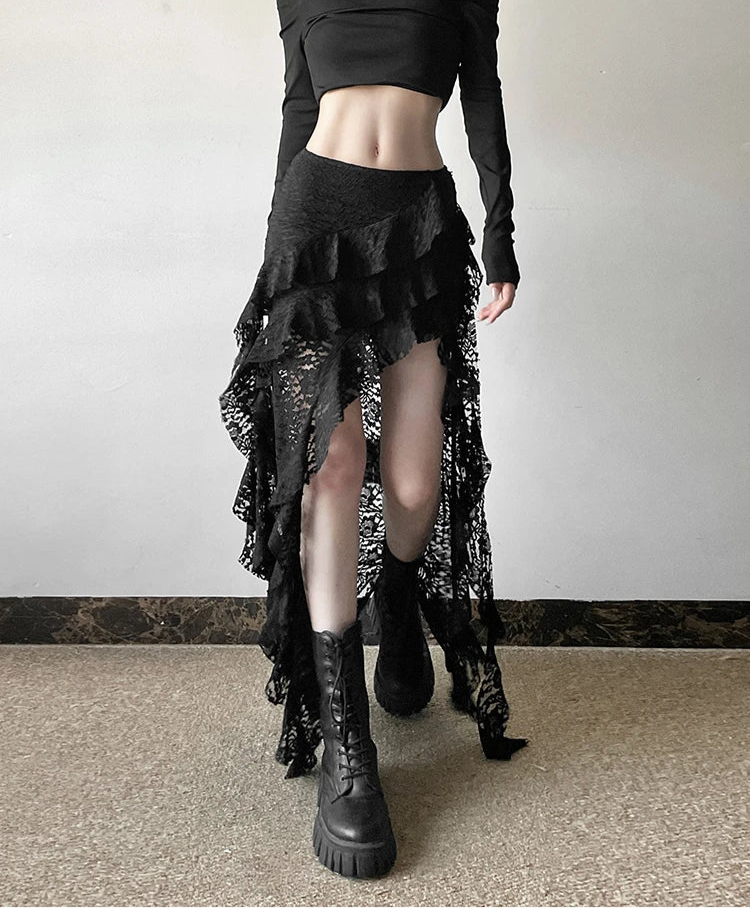 Irregular Ruffles Lace Patchwork Skirt