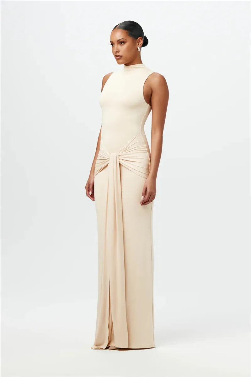 Half High Collar Irregular Tank Dress Sleeveless Bodycon Ruched Long Dress