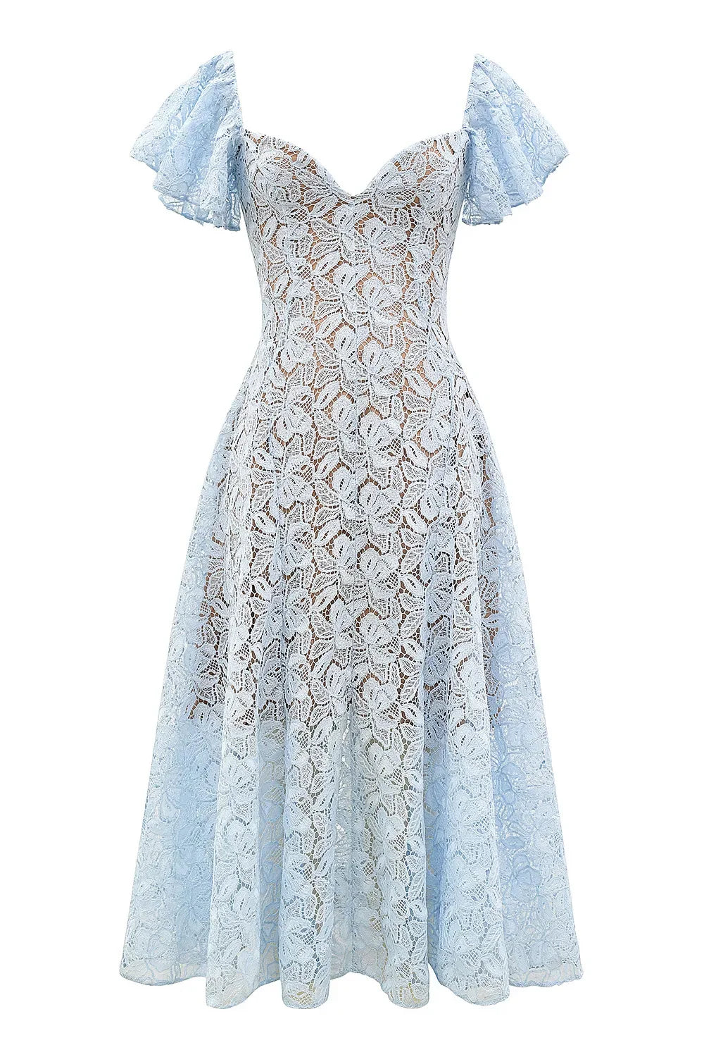 Blue Lace Flare Sleeve Dress
