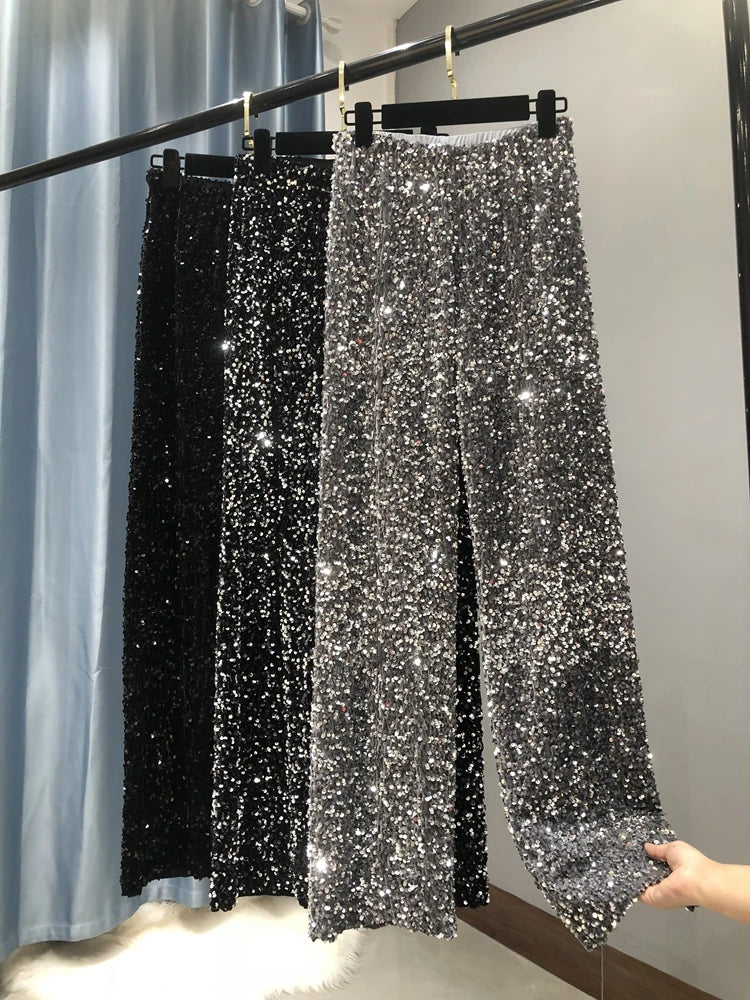 The Trendy Sparkling Gold Pants Relaxation of Tall Waist Wide-legged Pants South Korean