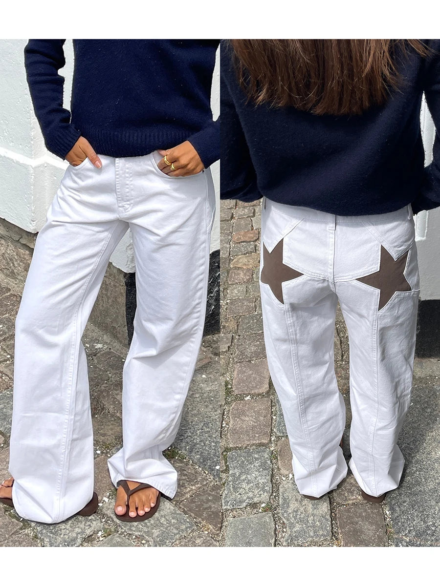 Star Pattern Loose Straight Leg Denim Low Waist Jeans