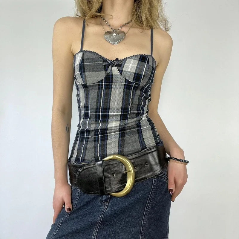 Plaid Patchwork Slim Sleeveless Top