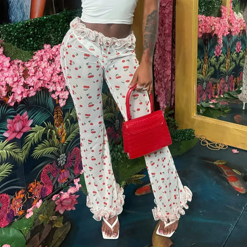 'S Spring/ Cherry Print Cake Edge See-Through Mesh Flare Pants tie Girls hearts