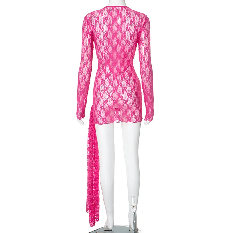 O Neck Long Sleeve Sheer Lace Dress Short Slim-Fit Wrap Dress See Thoough