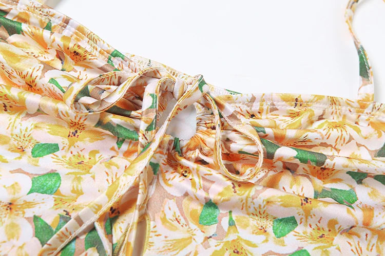 Floral Print Two Piece Set Halter Shirring Tube Camisole Peach Hip Skirt Sweet Matching Suits