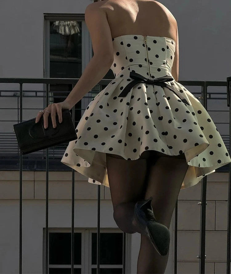 White Polka Dot Backless Mini Dress with Bow