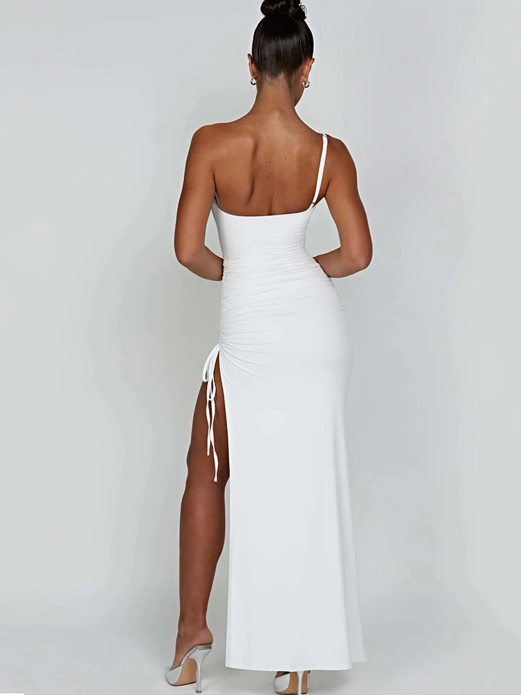 Drawstring High Slit Dress One Shoulder Slim Maxi Bodycon Pleated Dresses