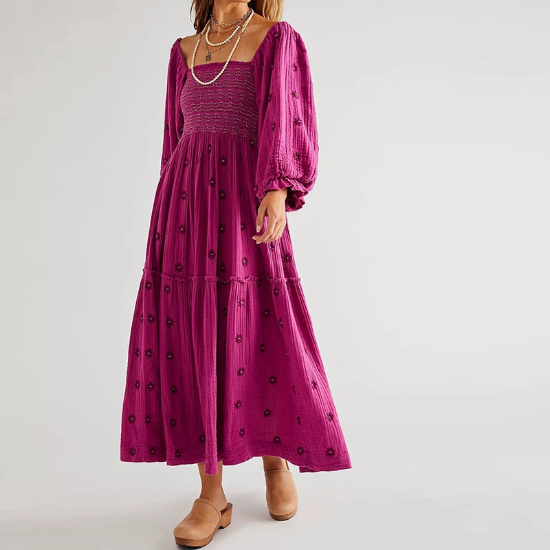 Ruffle Swing A Line Maxi Dress Bohemian Floral Dress Square Neck Long Sleeve Dress