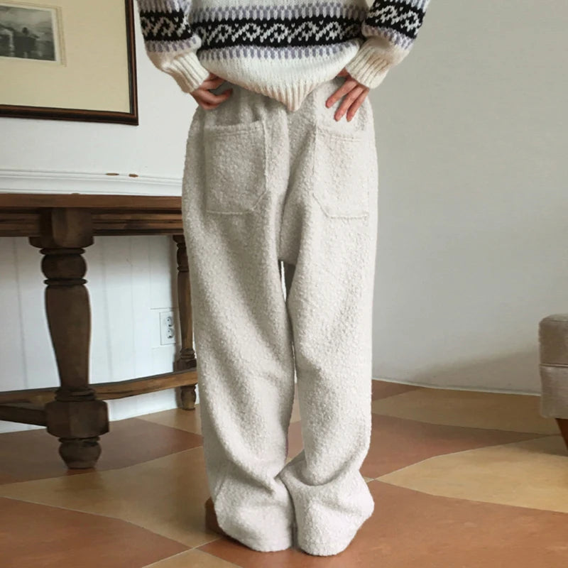 Loose Lamb Wool Trousers Drawstring Wide Leg Pants Pockets Bottoms