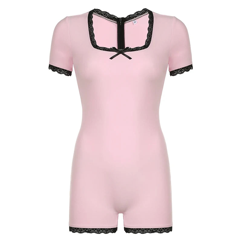 Lace Patchwork Rompers Square Collar Slim Jumpsuits Bow Overall