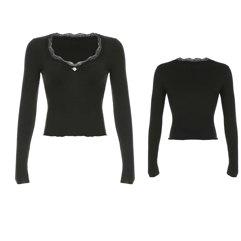 Lace Patchwork Slim Tee Shirt Long Sleeve V-neck Black Top