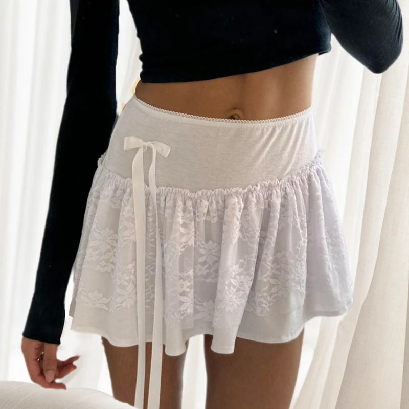 Lace Patchwork Ruched Skirts Bow Mini Bottoms A-line Skirts