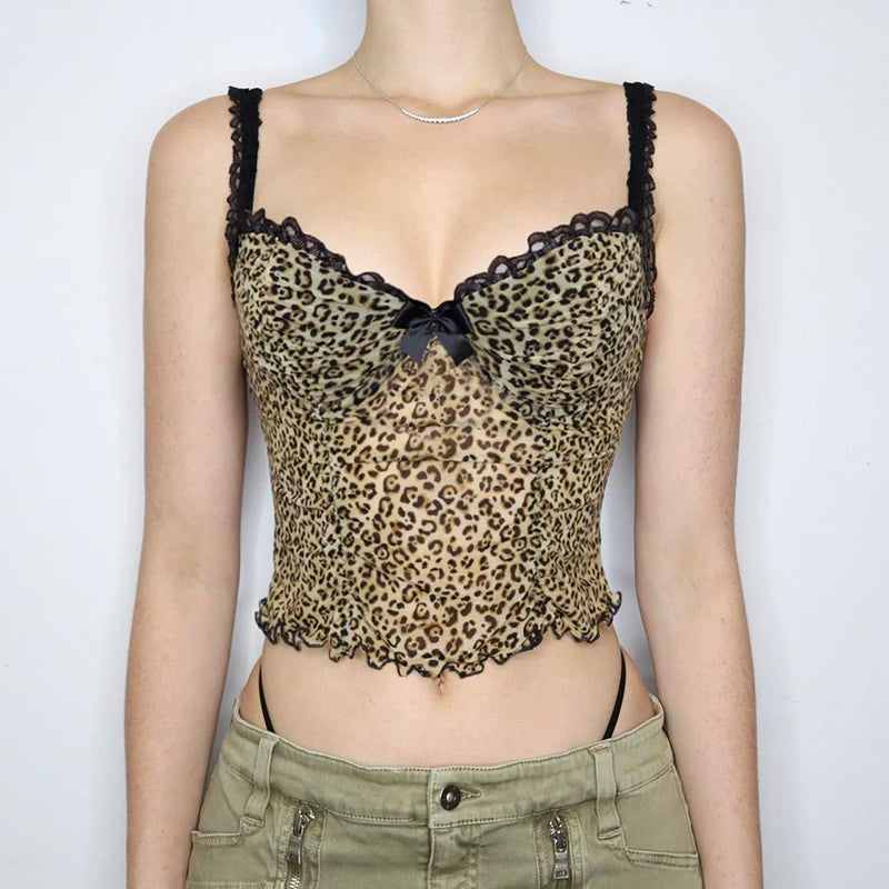 Leopard Print Slim Camisole V-Neck Backless Crop Top Sleeveless Patchwork Bow Vests