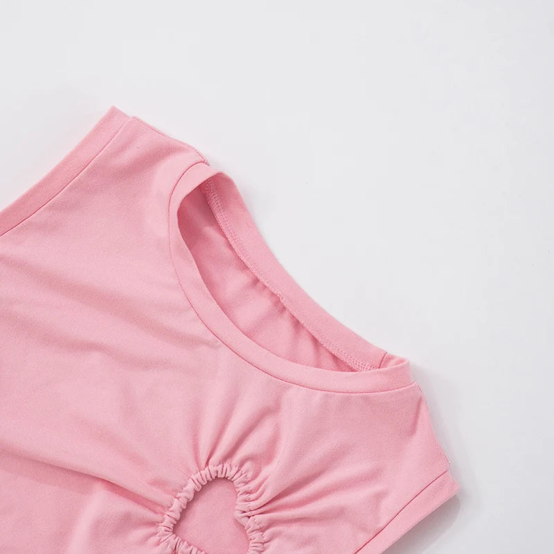 Spring ‘s Love Hollow Out Design Color Set Round Neck Sleeveless Tank Top Low Waist Pants Sets