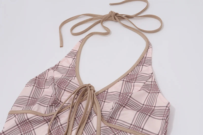 Plaid Halter Dress Lace-up V-Neck Sleeveless Mini Dress High Street wear