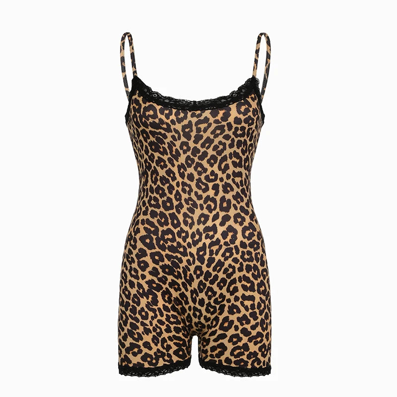 Lace Patchwork Slim Rompers Leopard Bodycon 's Sleeveless