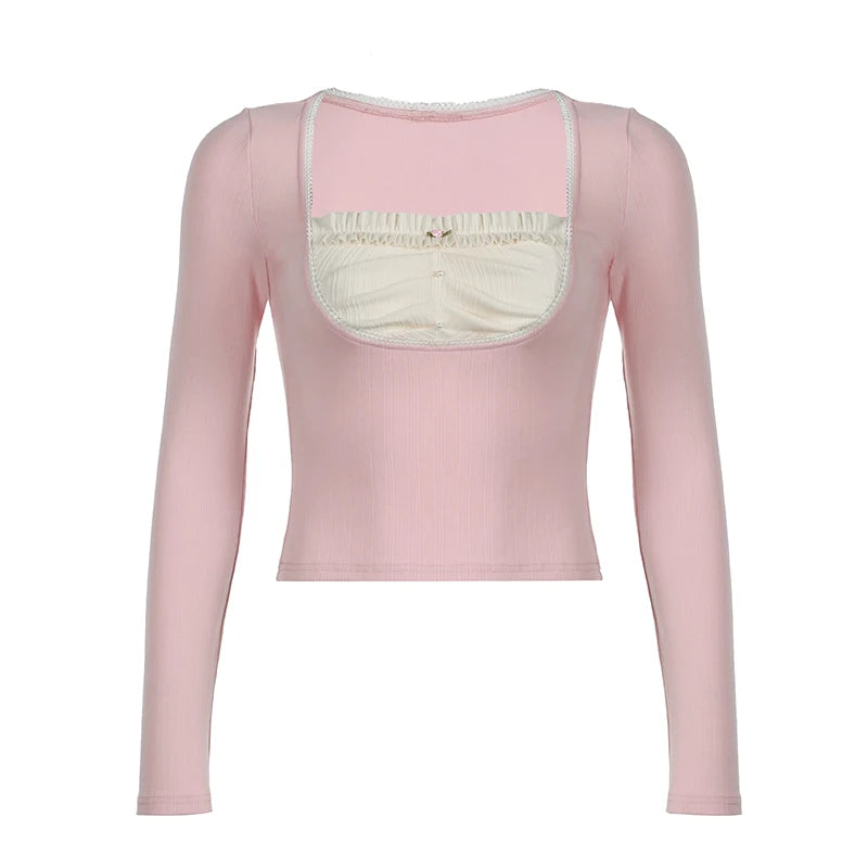 Square Collar Pink Tee Shirts Long Sleeves Kawaii Crop Top Preppy