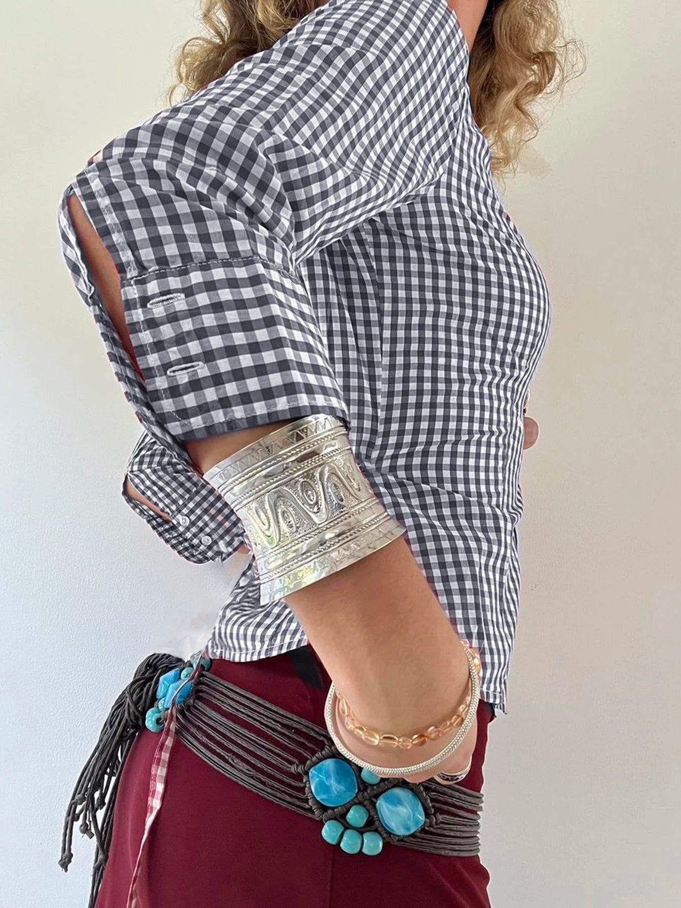 Plaid Button Up Bloue Turn-down Neck Shirt Top