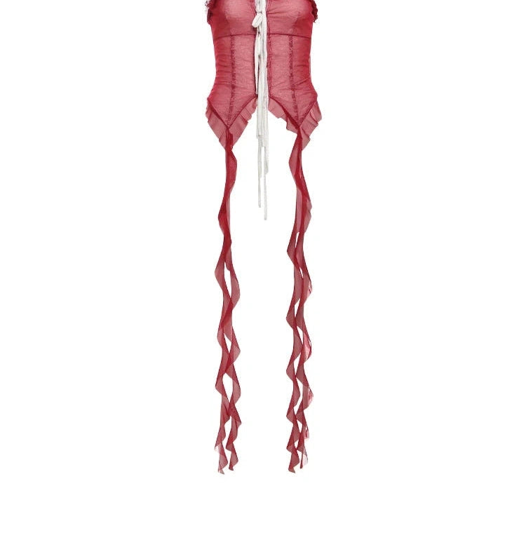 Mesh Scarf Patchwork Lace Ruffled Irregular Hem Long Tassels Frenulum Street Skinny Versatile Girly Sweet Top
