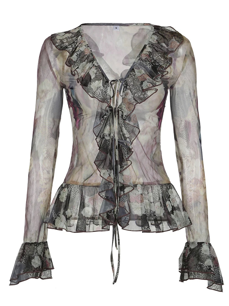 Tie Dye Shirt Ruffle Flare Sleeve Lace-up Retro See-through