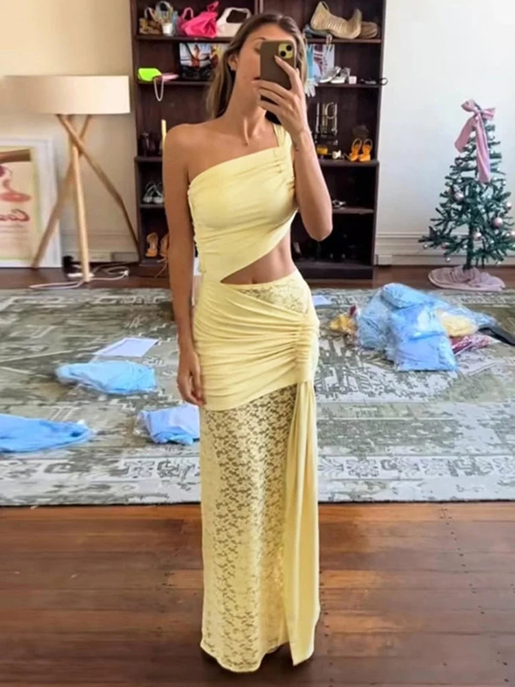 Unique Dress Set Patchwork Irregular Tael Hollow Top Lace Maxi Skirt 2 Piece Suit