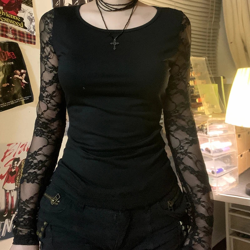 Crewneck Tee Shirts Lace Patchwork Slim Black Top