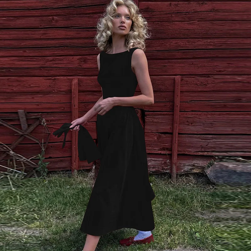 Solid Color Black R Sleeveless Waist ming Backless Dress Wholesale