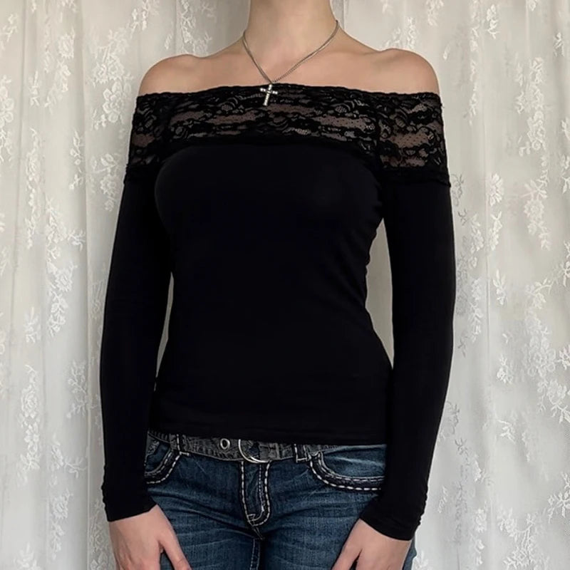 Slash Neck Tshirts Slim Lace Vinatge Long Sleeves Top