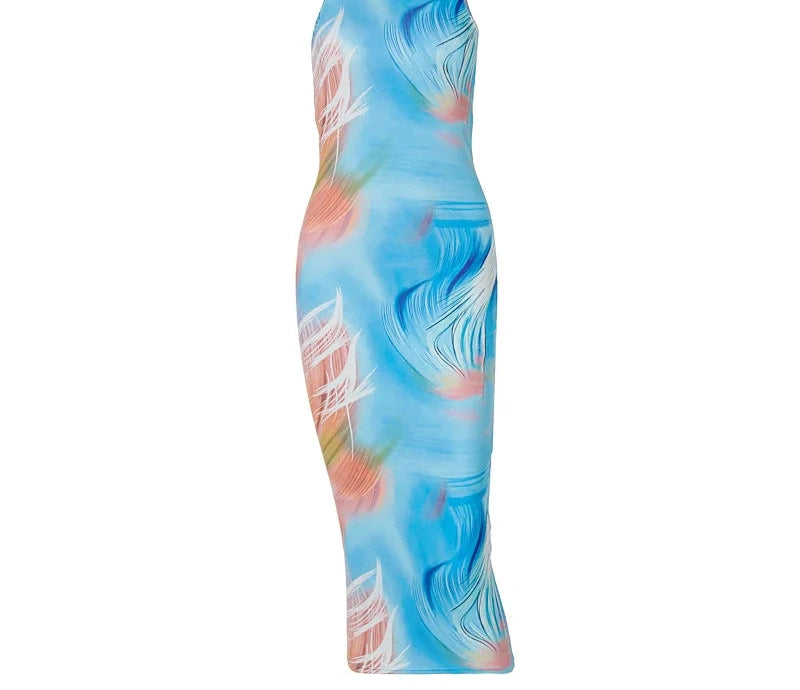 Tie Dye O Neck Sleeveless Backless Bodycon Slit Midi Dress Street