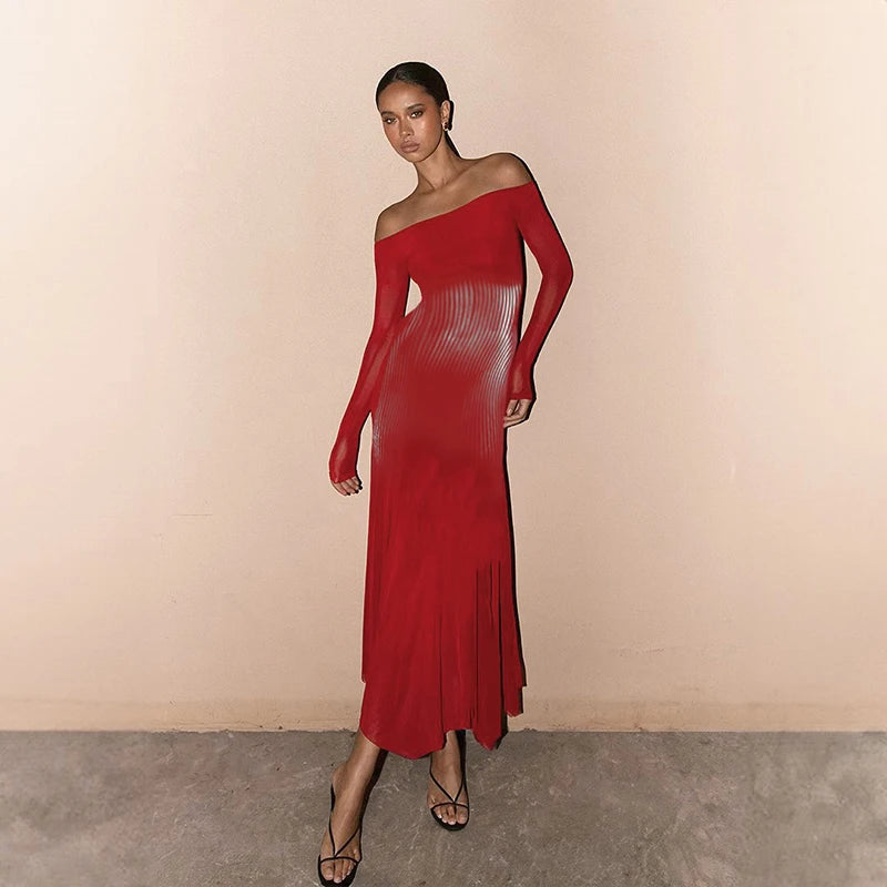 Square Collar Long Sleeve Dress High Waist Abstract Stripe Body Dress Wrap Mermaid Dres