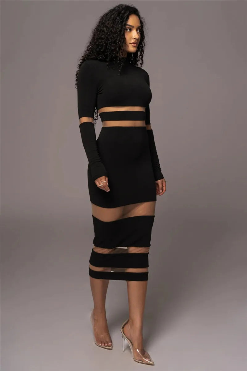 Patchwork Bodycon Midi Dress Turtleneck Long Sleeve Dress