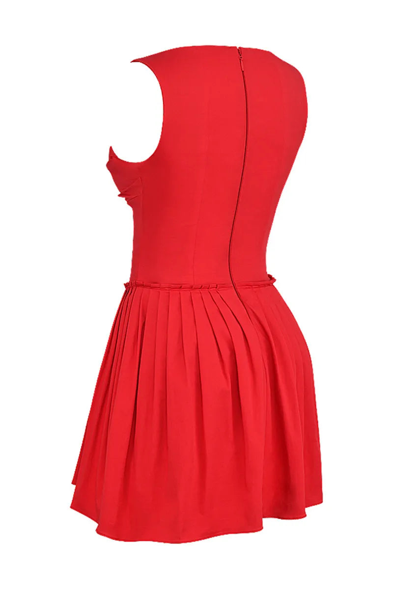 Red Sleeveless Mini Dress Square Collar Backless Corset Dress A-line Dress