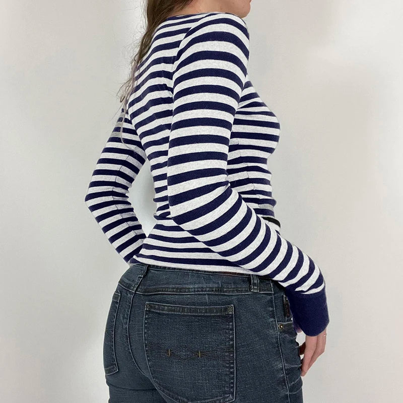 Striped Crewneck Top Tee Long Sleeves Slim