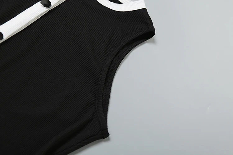 Fad Ribbed Patchwork Two Piece Set Single-Breasted Sleeveless Top Stretch Shorts Daily