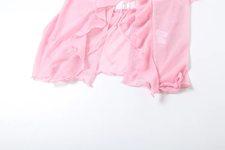 Mesh See Through Shirring Two Piece Set Irregular Ruffles Backless Top Long Skirt