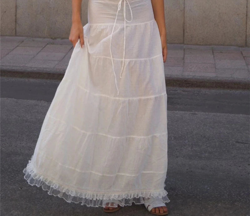 Lace Patchwork Tank Top With Low-waist Draw-string Long Skirt French Two Piece Sets