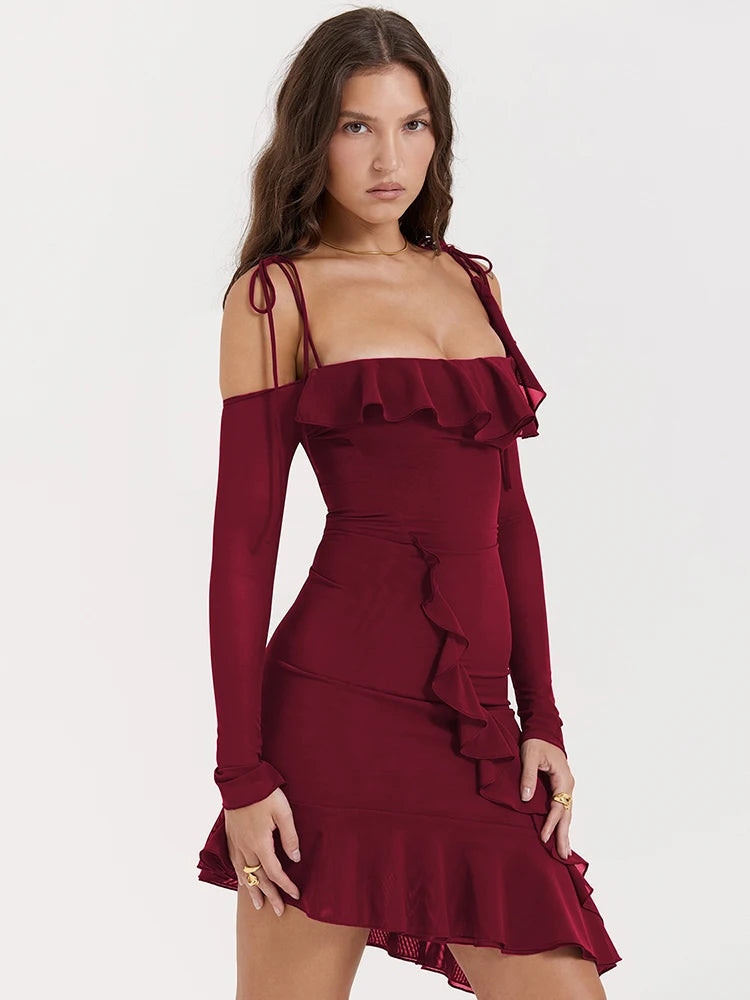 Strap One Line Neck Double Layer Long Sleeve Dress Slim Fit Ruffles Irregular Mini Dress
