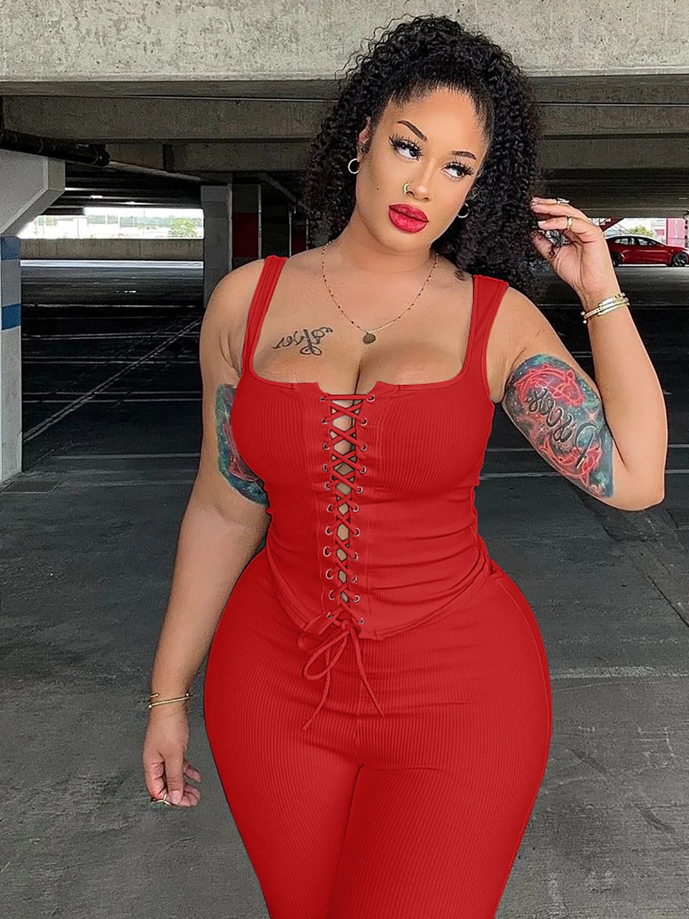 Ribbed Lace Up Crop Corset Shorts Matching Set