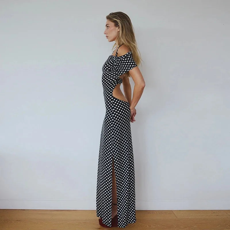 Black Polka Dot Backless Split Maxi Dress