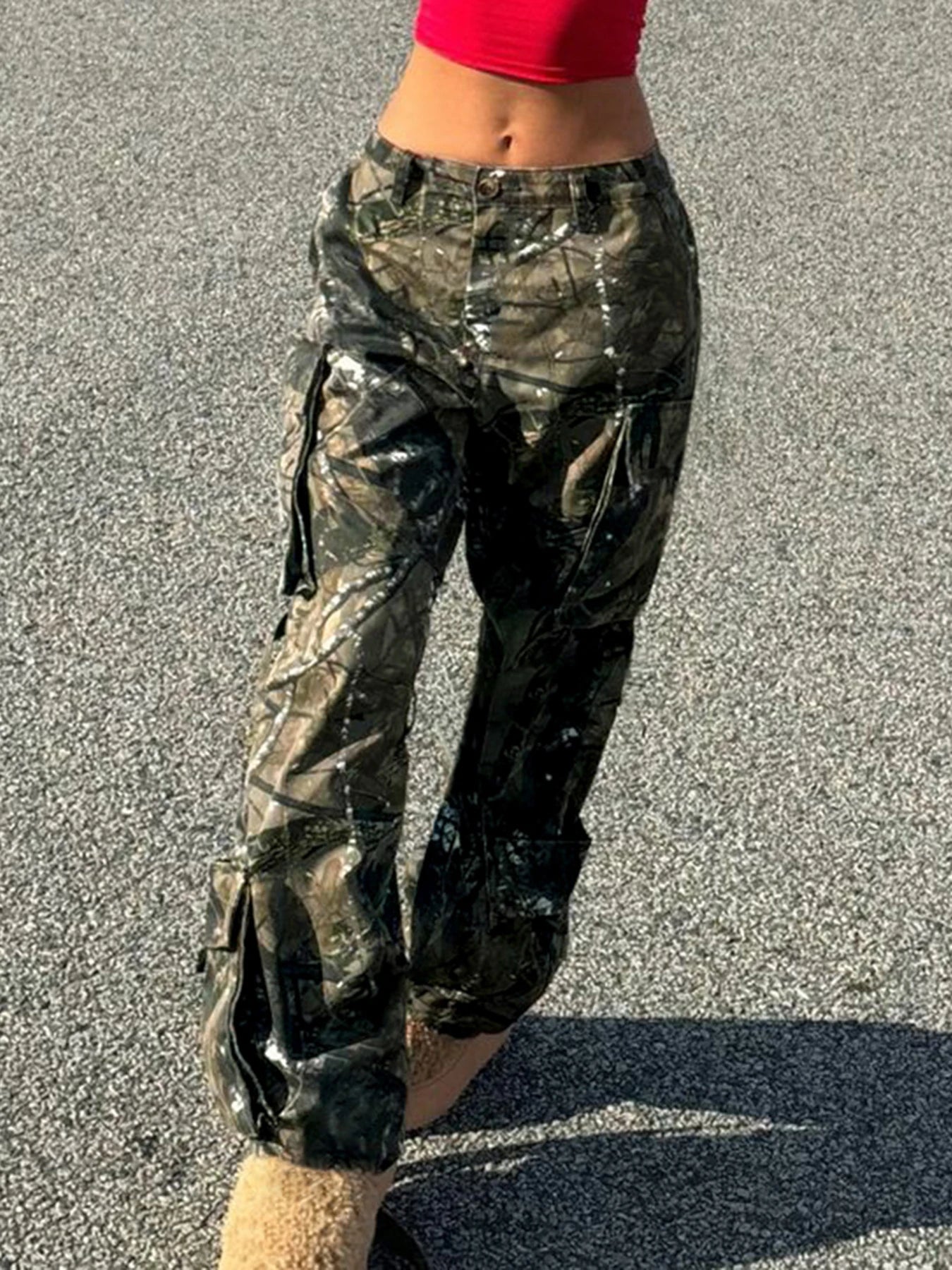 Baggy Cargo Pants Pockets Print Bottoms Straight Pants