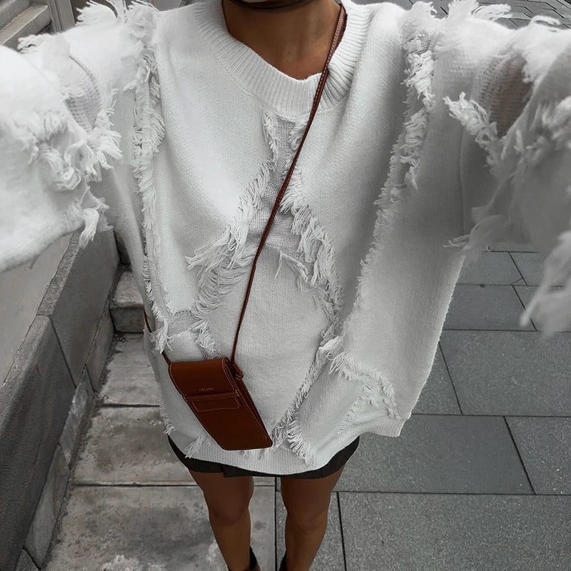 White Long Sleeve Knit Hollow Out Pullover Sweater