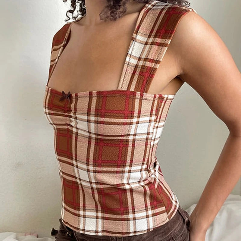 Cottage Bow Trim Milkmaid Crop Top Plaid/Stripes Square Neck Tank Tops Backless Slim Fit Shirts Vest