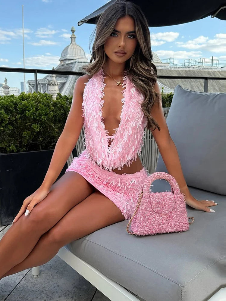Sequin Swing Collar Tank Top and Mini Skirt Set