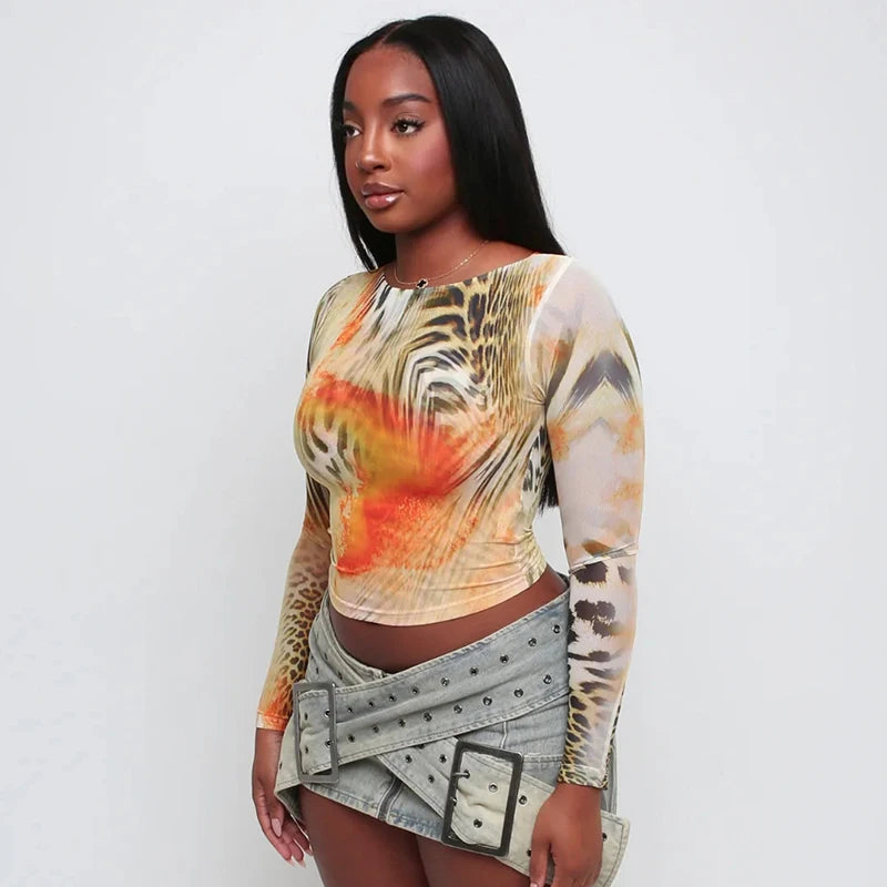 Retro Round Neck Long Sleeve Slim Pullover Top