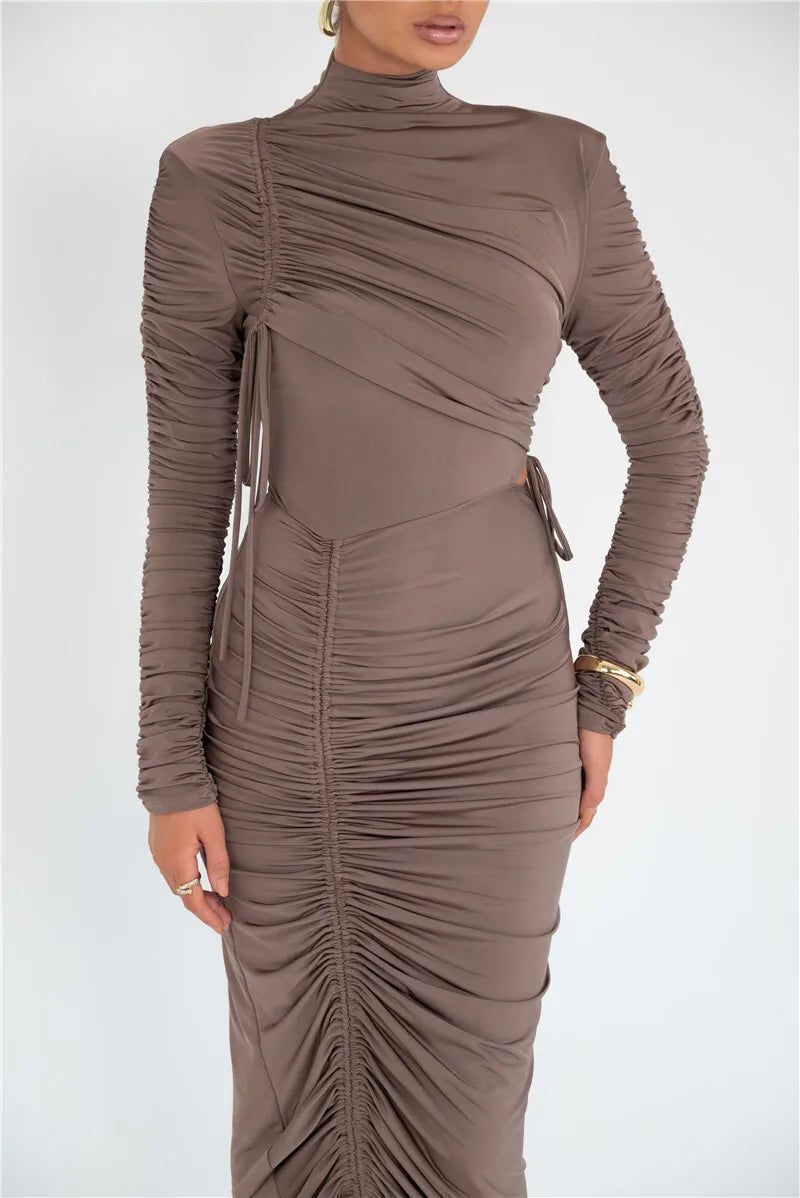 Long Sleeve Ruched Maxi Dress Drawstring Turtleneck Bodycon Long Dress