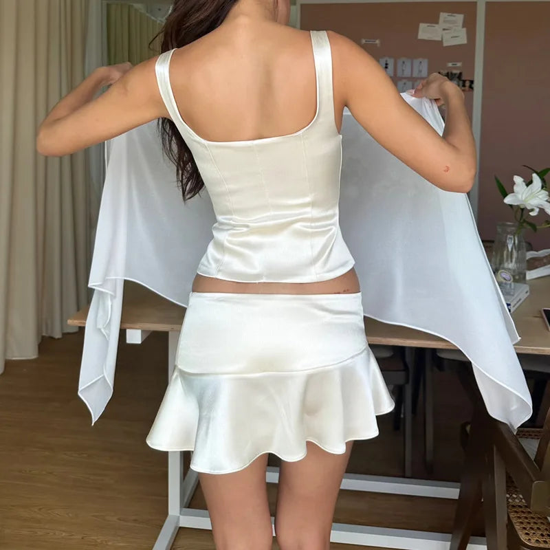 Halter Satin Deep V-neck Crop Top Button Mini Skirt Two Piece Set