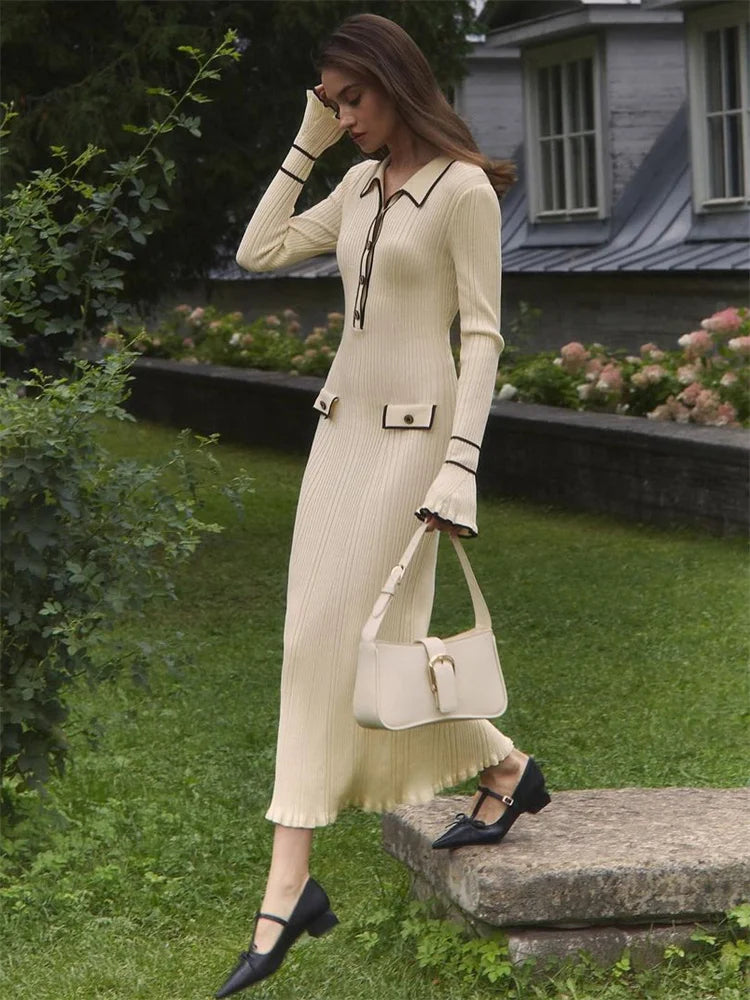 Ruffled Knit Dress Ribbed Contrast Long Sleeve High Waist Lapel Gown Dress Knit Ladies Maxi Dress
