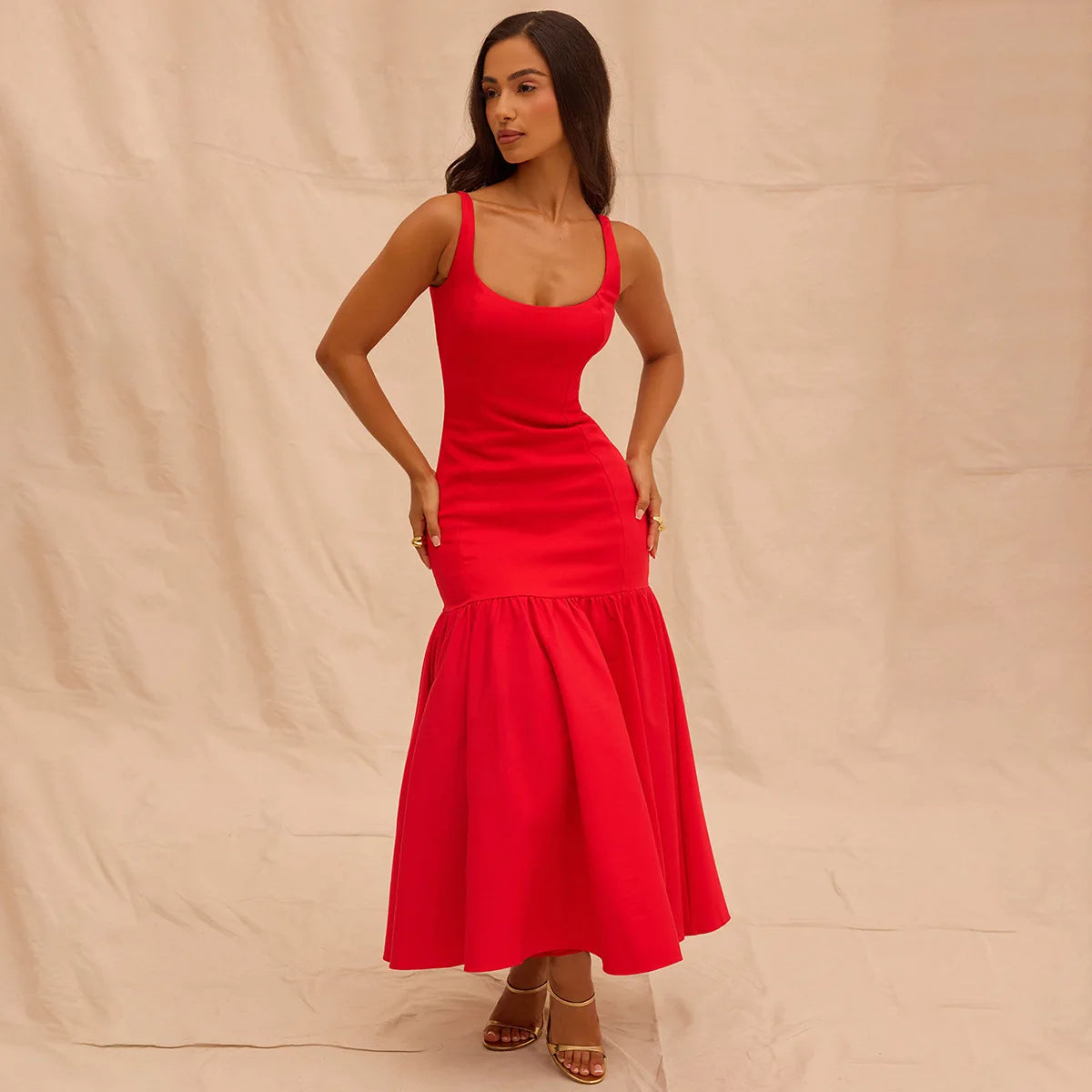Ruffle Slim Midi Dress